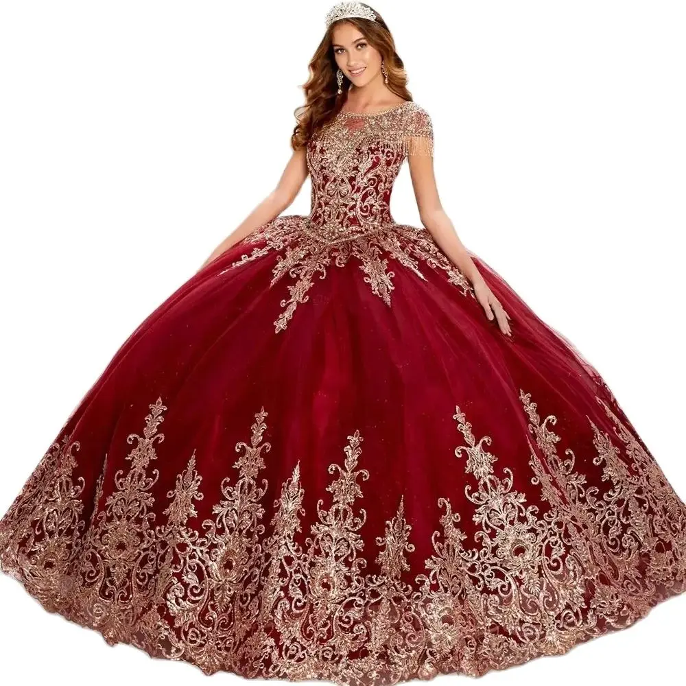 Bealegantom Burgundy Quinceanera Dresses Ball Gown With Wrap Lace Floral Applique Beads Birthday Sweet 16 Prom Party Gown QA145