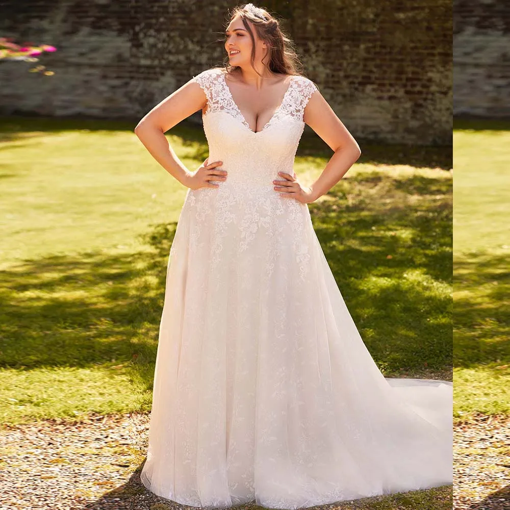Plus-Size-Hochzeitskleider für die Braut, V-Ausschnitt, Flügelärmel, A-Linie, Brautkleider, offener Rücken, Schnürung, Applikationen, Brautkleid, individuell gestaltet