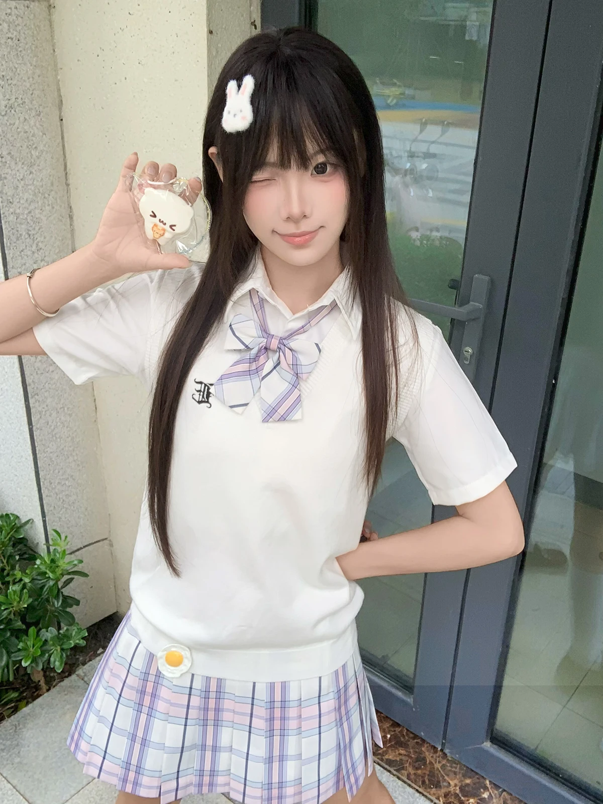 

Cute Forest Elephant Academy Uniform Set Women's Vest Sweater Short Sleeve Shirt Plaid Skirt Pleated Skirt Set