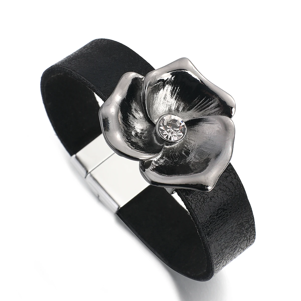 

ALLYES Vintage Gun Black Flower Rhinestone Leather Bracelet for Women Magnetic Clasp Simple Bracelets & Bangles Charm Jewelry