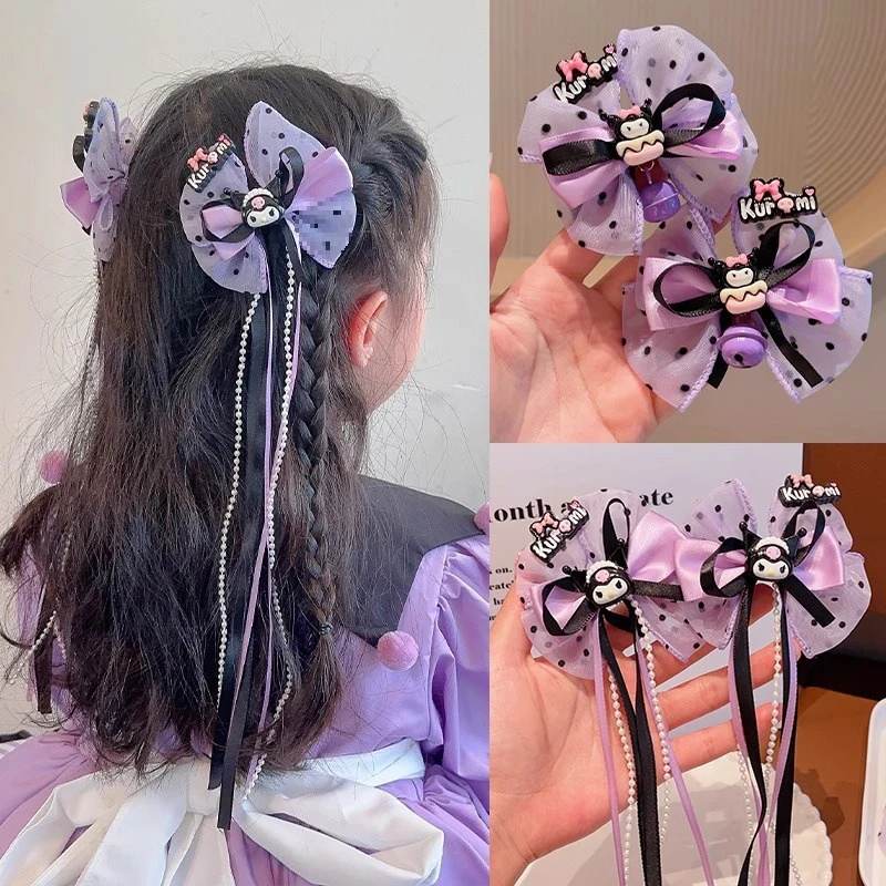 Sanrio Kuromi New Hair Clip Set Cute Cartoon Hair Accessories Kawaii Bowknot Long Ribbon Bangs Hairpin Fashion Girl Gift