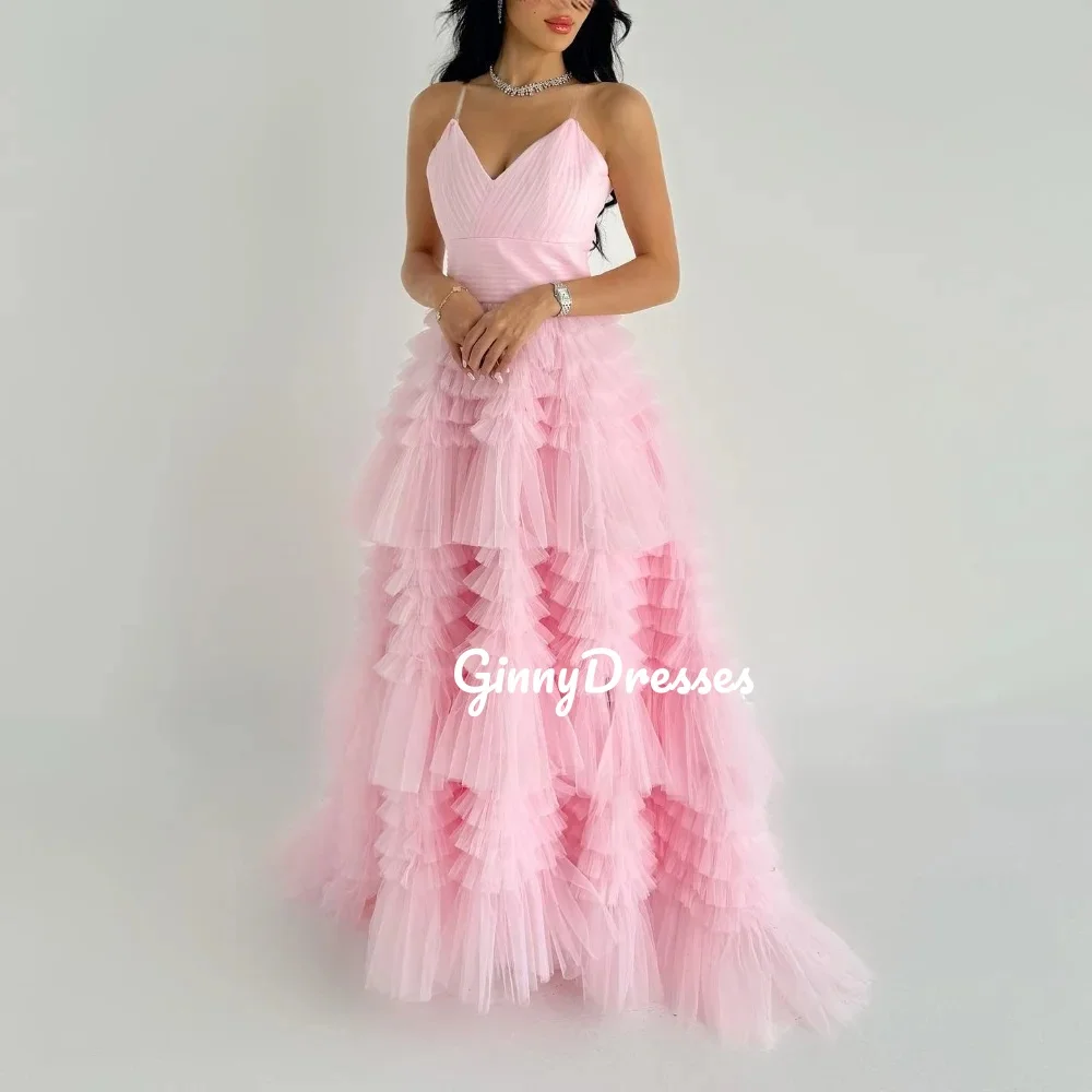 

Customized Luxury Tulle Pink Long dresses Evening Dresses Sexy Straps V-Neck Party Gowns Robes De SoiréE Long Vestidos De Fiesta