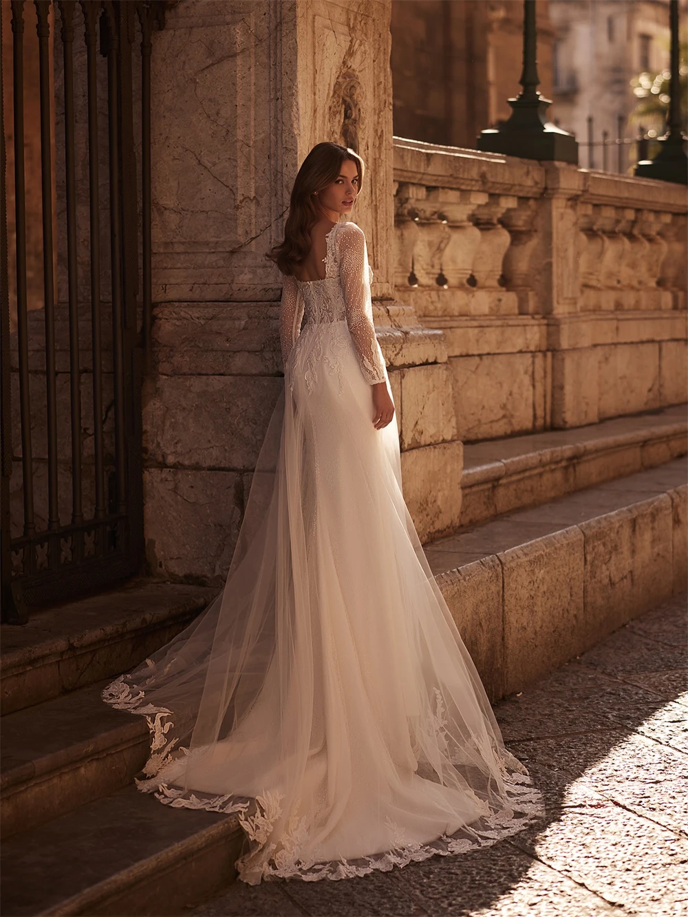 فستان زفاف أورجانزا ناعم عاجي مخصص رسمي على شكل قلب وأكمام طويلة زي العرائس ناعم على شكل حرف a ذيل محكمة فيستدو دي نوفيا #3