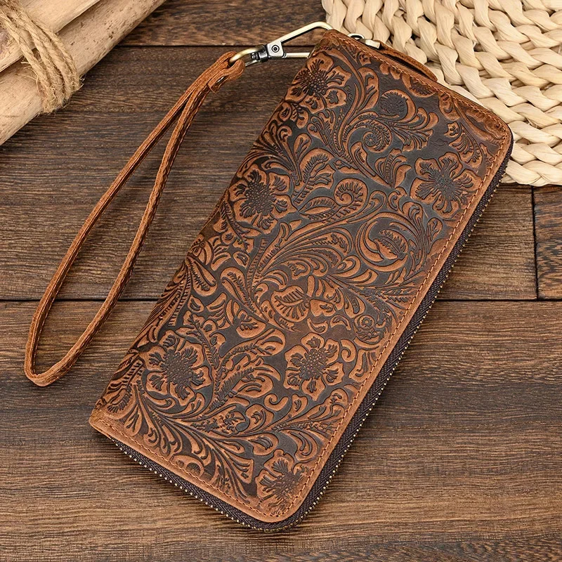 

Men's Zip Long Wallet Natural Cow Skin Purse Leather Credit Bank Card Cash Cell Phone Wallets Men Women Male High Quality