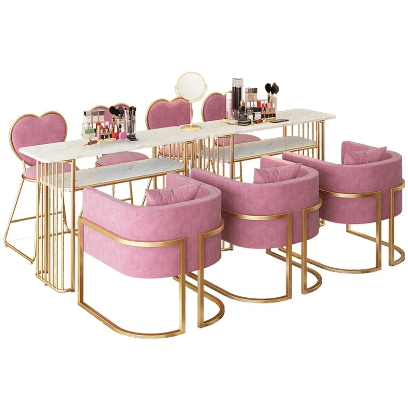 Hot sale nail bar station salon furniture pink nail table desk set gold base manicure table with chair