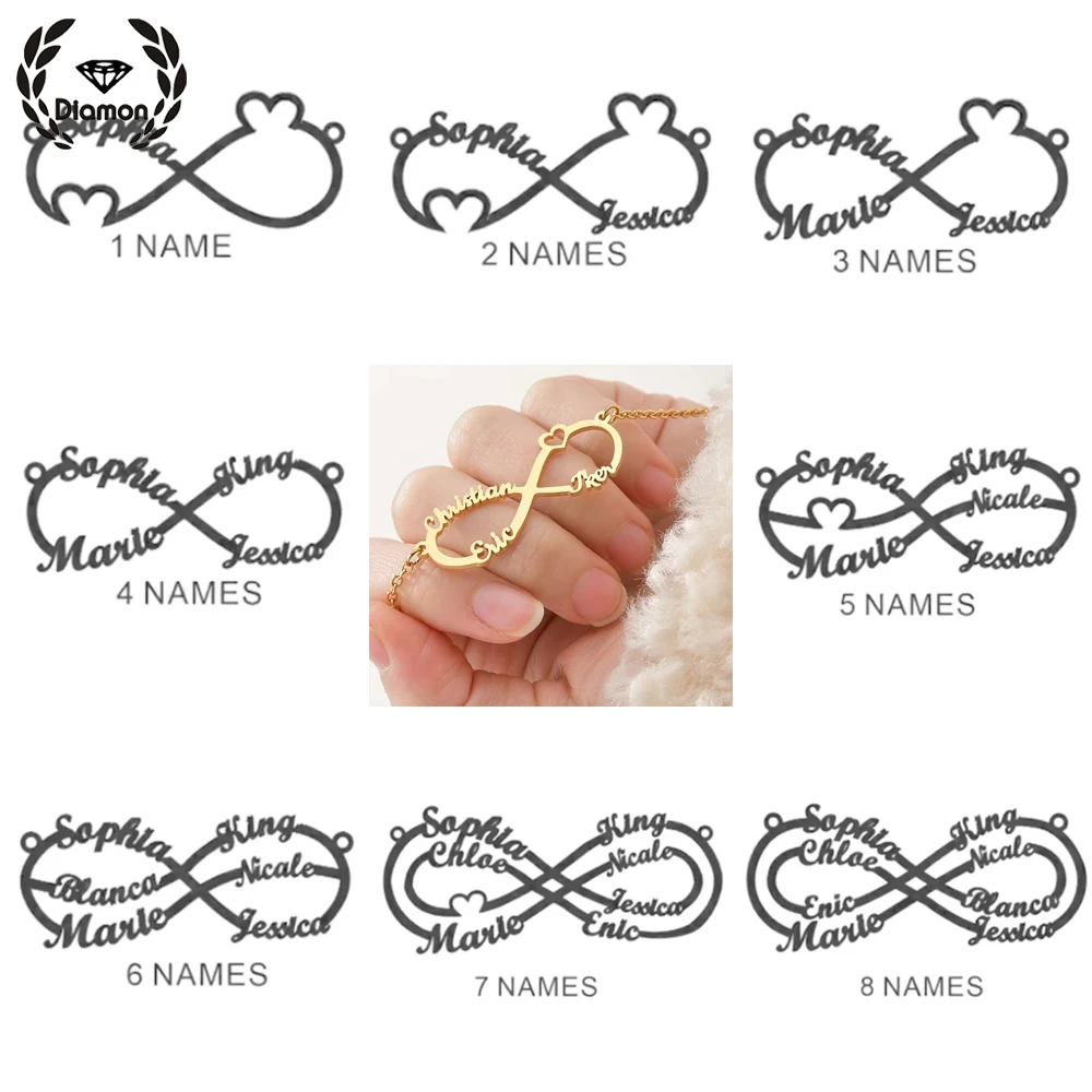 Diamon Custom Infinity 1-8 Names Heart Bracelet Stainless Steel Personalized Pendant for Women Family Customized Jewelry Gift
