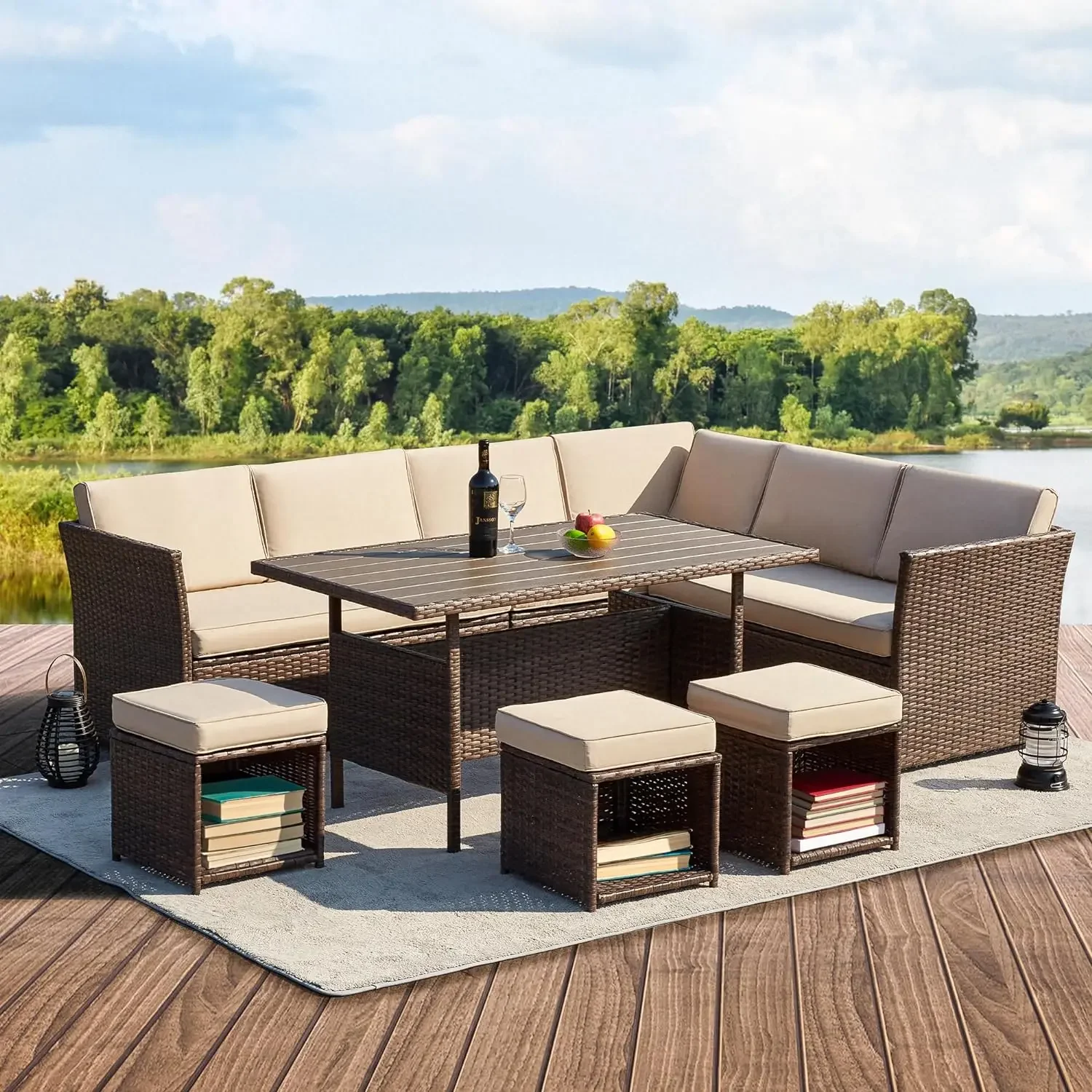 

7 Pieces Patio Furniture Sets, Outdoor Dining Sectional Rattan Couch Sofa w/Ottoman Chairs, All-Weather Wicker Conversation Set