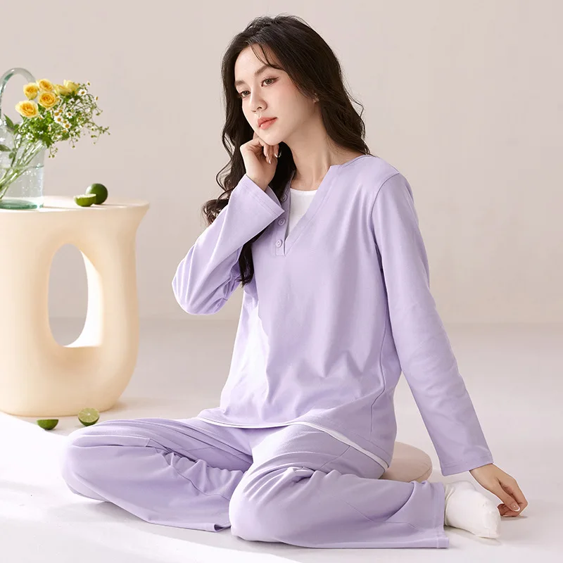 New Autumn Women Cotton Pajama Set Solid Color Long Sleeve Loose Casual Simple Loungewear Suit Outdoor Wear Sleepwear