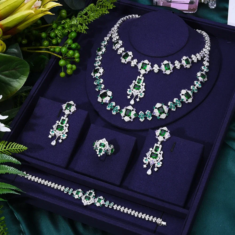 

KellyBola Dubai Gorgeous Sparkle Bridal Wedding Necklace Bracelet Earrings Ring Set Ladies Cubic Zirconia CZ Fashion Exquisite