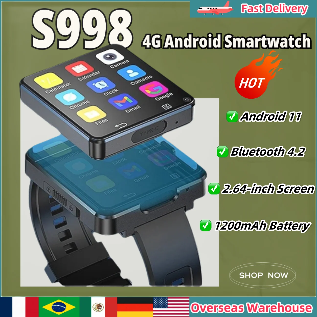 

S998 4G Smartwatch 2025 Watches For Men Women With Bluetooth4.2 Wifi Android 11 Sim Waterproof Camera Outdoor Smart Watches Gift