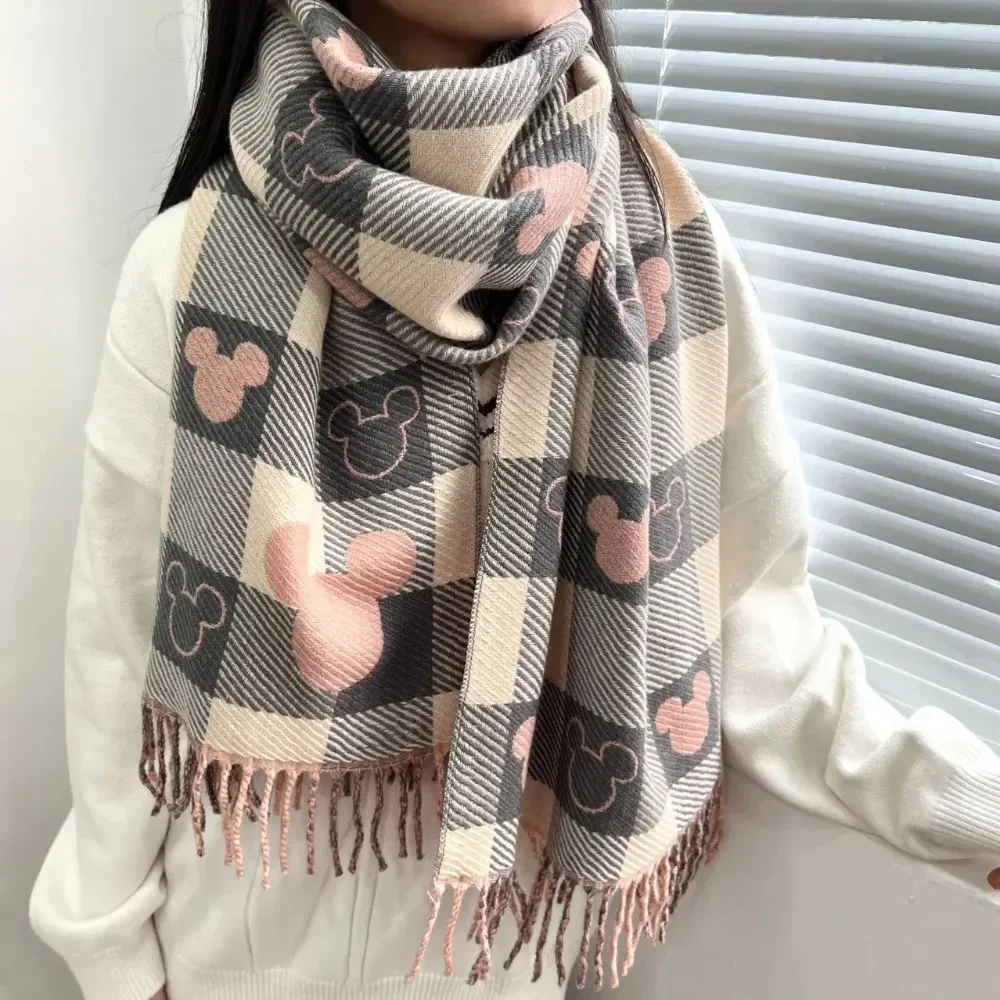 Disney Scarf 2023 Winter New Bear Head Scarf Women\'s Double-sided Shawl Imitation Cashmere Retro Foreign Style Fashion All-match