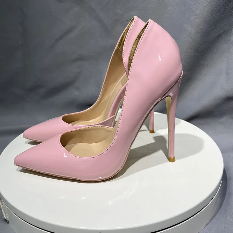 Tikicup Light Pink Patent Leather Women Sexy Pointy Toe Slip On High Heel Shoes Ladies Comfortable Stiletto Pumps 8cm 10cm 12cm