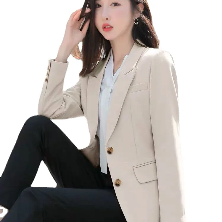 Blazer jaket profesional wanita, jaket gaya Korea elegan longgar kasual Vintage warna Solid Single-breasted Blazer musim gugur