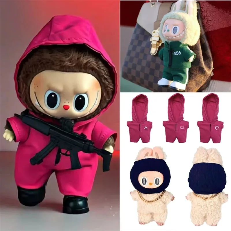 For Labubu Doll Korean Kpop Doll Squid Jumpsuit Outfit Clothing Seafood Game Simulated Gold Necklace Mask Sitting Party Series