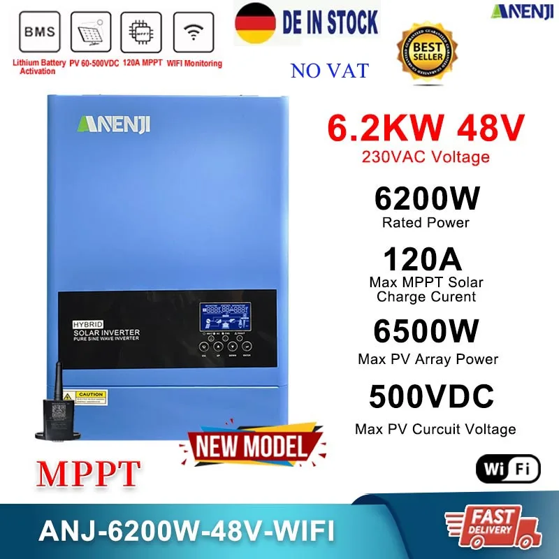 6.2KW 48V Hybrid Solar Inverter 230V Pure Sine Photovoltaic Off Grid Inversor PV 500V Built-in 120A MPPT Solar Charge Controller