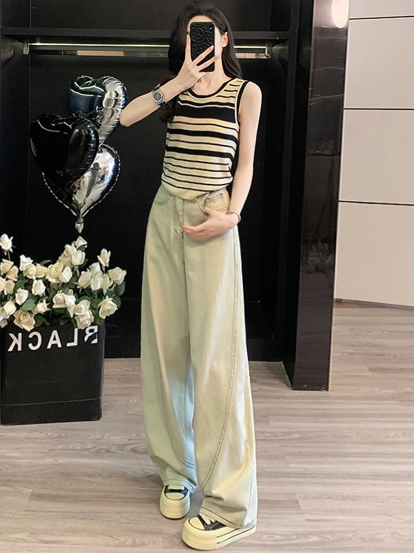 

Korean Style Casual Fashion Set Women Summer Slimming Stripe Vest Wide Leg Jeans Two Piece Set Cotton round Neck Pullover