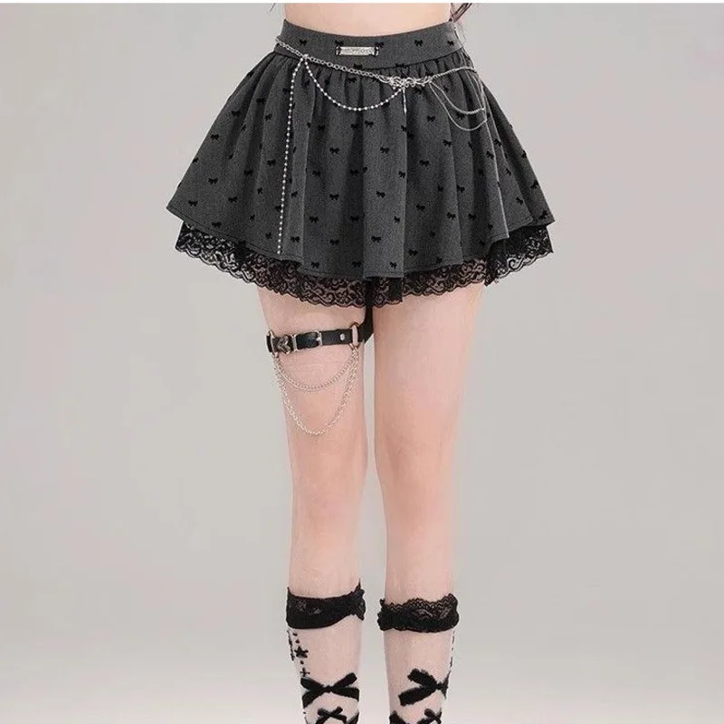 Love Printed Gray Lace Slim Short Skirt For Women\'s Summer Versatile High Waisted Sweet Girl Skirt Japanese Lace Up Puffy Skirt