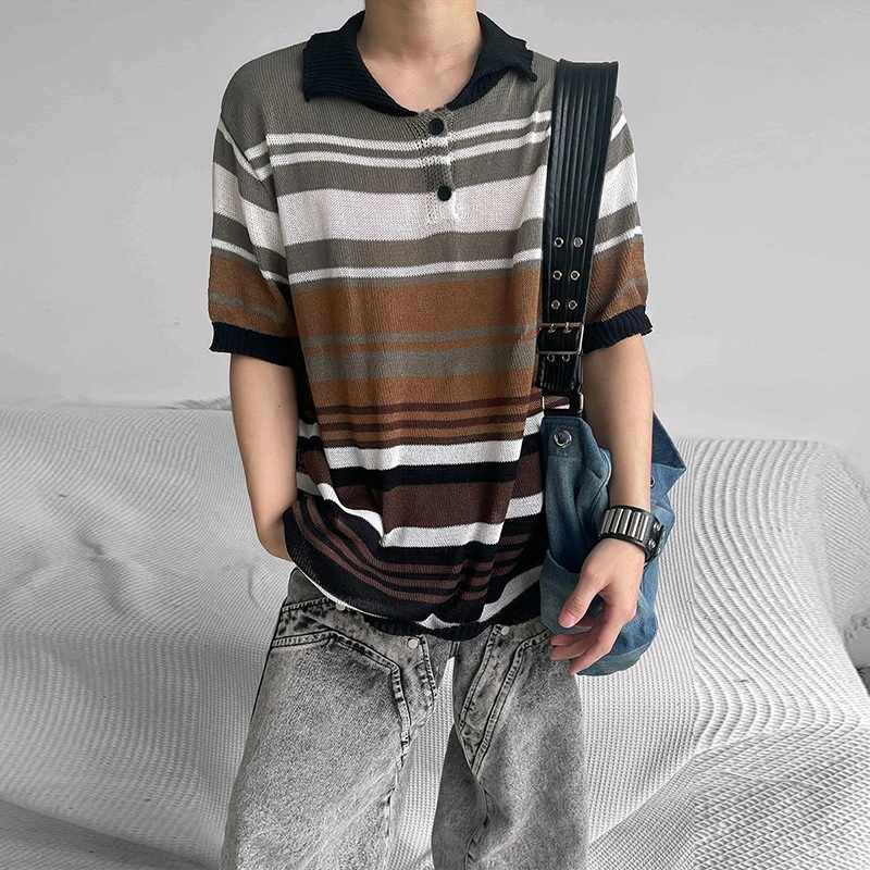 

Vintage Contrast Color Striped Knit Mens Polo Shirt Short Sleeve Buttoned Lapel Knitted Tops Summer Casual Breathable Men Shirts