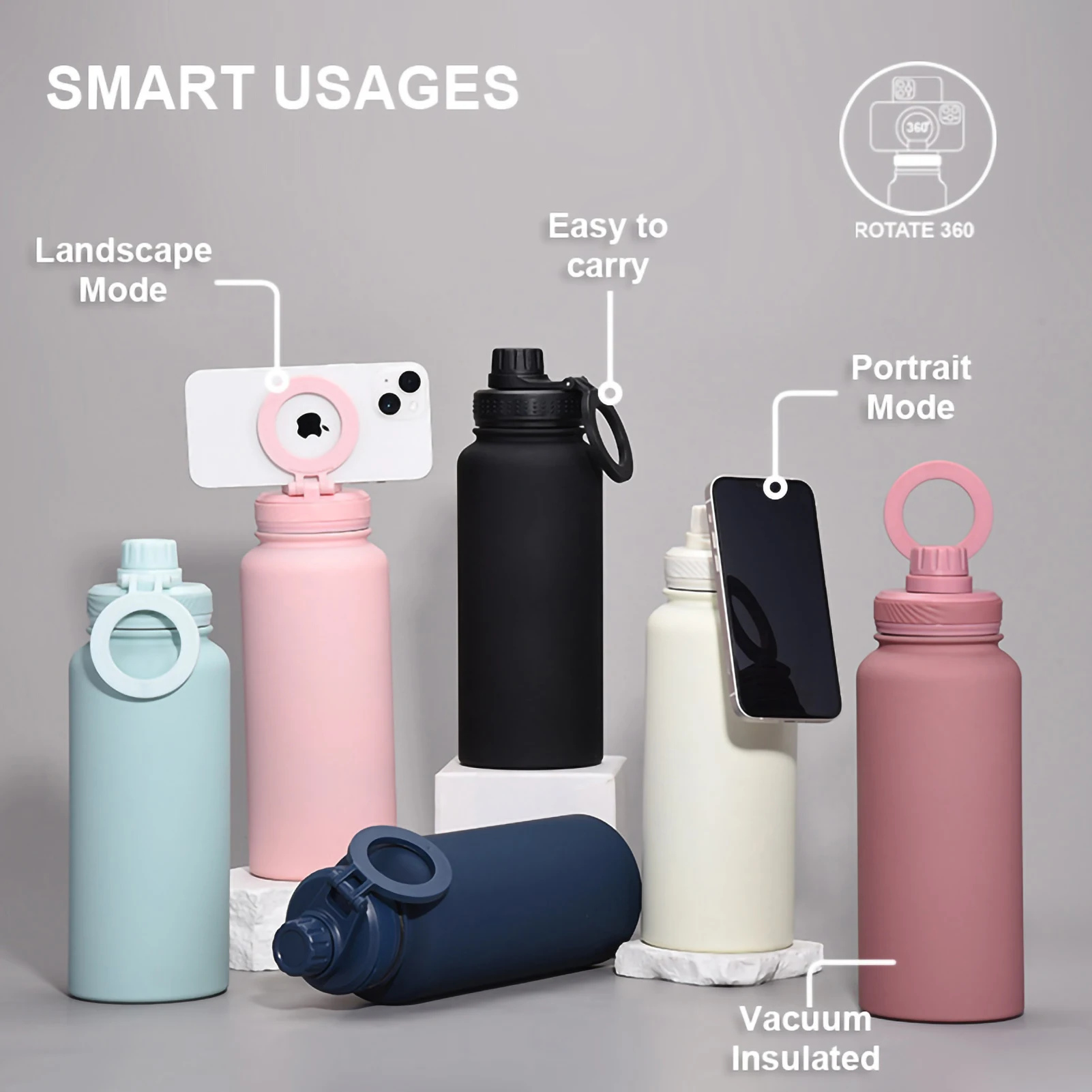 Thermos Cup,Cellphone Magnetic Stand,Double Stainless Steel,Portable Handle,Protect Insulation And Cold,Sports Water Bottle