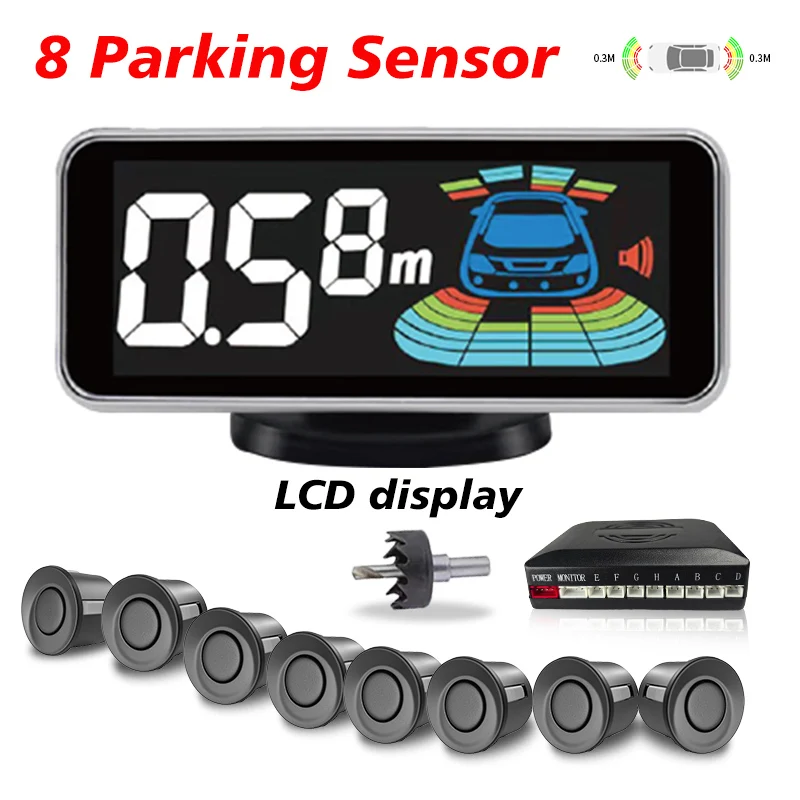 8 Parking Sensor Kit LCD Display Reversing Front and Rear Car Backup Radar Detectors Backing Assistance Sound Parking Sensor