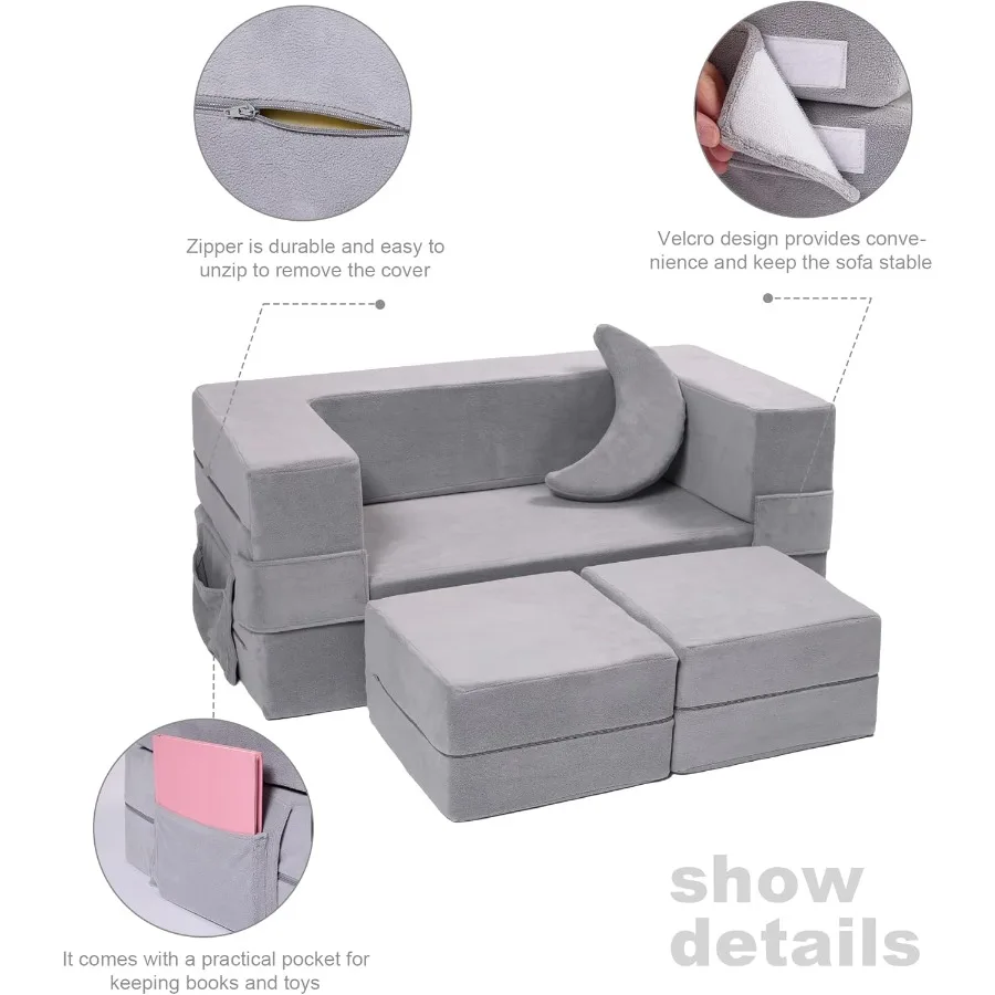 Modulares Sofa für Kleinkinder und mit Schaumsessel, umwandelbares Plüsch-Spielset mit ausklappbarem Schlafsofa in Grau, ideal für Zuhause