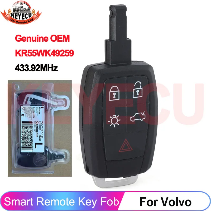 KEYECU Genuine OEM ID48 Chip 433.92MHz KR55WK49259 For Volvo C30 V40 S40 V50 D5 S60 C70 V70 XC90 Smart Key Remote P/N: 31300258