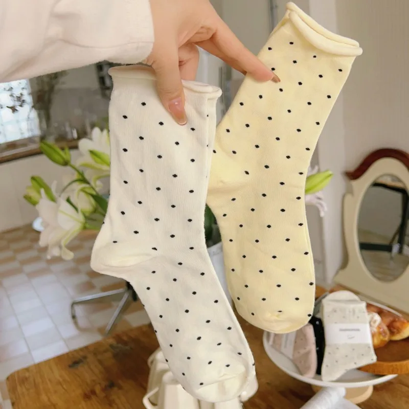 Fashion Spring Round Dot Socks Summer Pure Cotton Mid Length Stocking Dot Black White Spotted Sock Trend Retro Girl Sox Hosiery