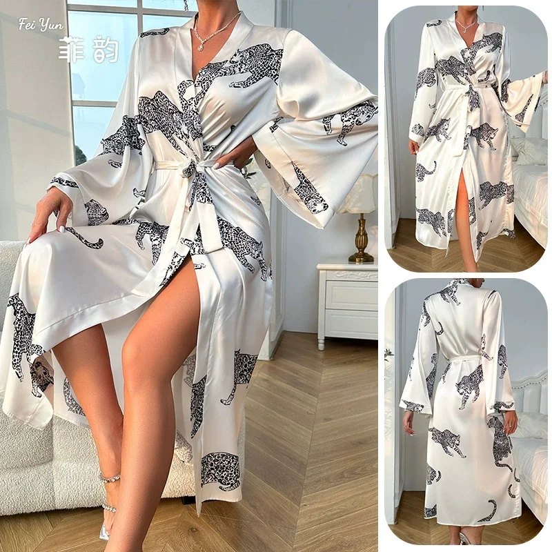 

White Long Kimono Bathrobe Gown Sexy Leopard Intimate Lingerie Sexy Leopard Nightwear Summer New Loungewear Lady Homewear