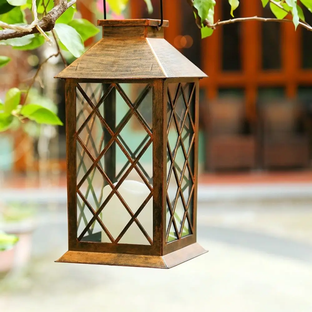 Waterproof Solar Candle Lantern Decorative Garden Light Vintage Metal Hanging Lamp For Outdoor Patio Pathway