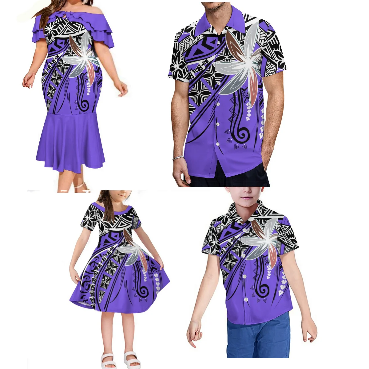 2024 neue Sommer Frauen schulter frei Körper con Kleid Fidschi Insel Stil Herren hemd polynes ischen Kunstdruck Kunst Familien feier Set