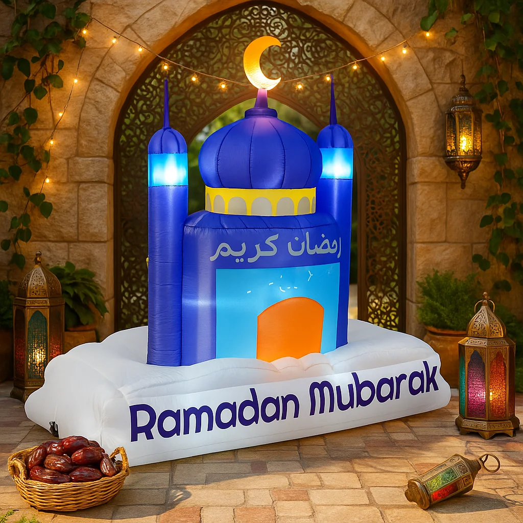 7FT Inflatable Toys Eid Mubarak Purple Dome Inflatable Mosque Decor LED Light Crescent Islamic Ramadan Inflatable For Yard