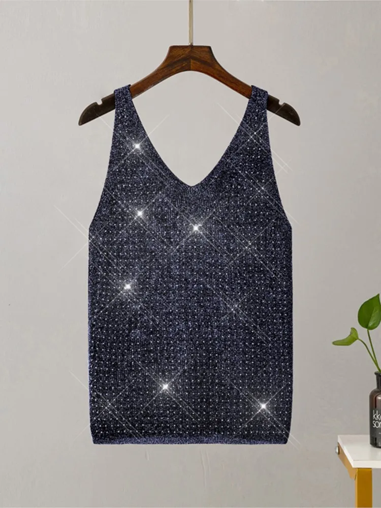 جديد الصيف محبوك بروتيل مع الماس الخامس الرقبة بلون سليم مثير سترة الموضة الملابس النسائية