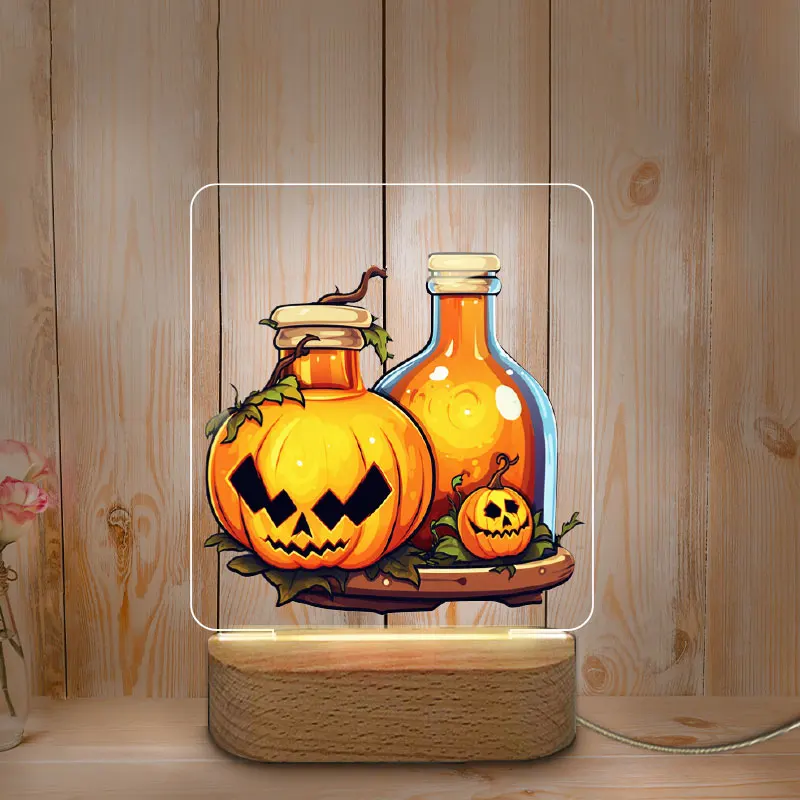 Lampe LED USB Personnalisée avec Base en Bois pour la Décoration d'Halloween, Luminaire Décoratif d'Nikavec Impression de Documents