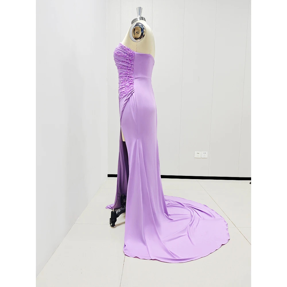 Vestido de noite sem alças, lavanda, sem mangas, com miçangas, lantejoulas, elegante, até o chão, divisão lateral, sereia, festa, baile