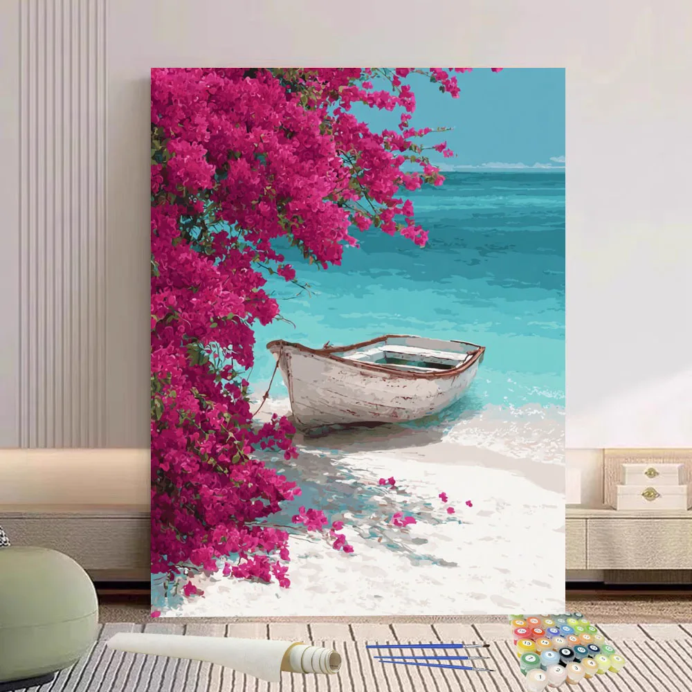 

Painting By Numbers Boats by the sea DIY Hand Painted Oil Painting Canvas Colouring Unique Gift Home Decorate