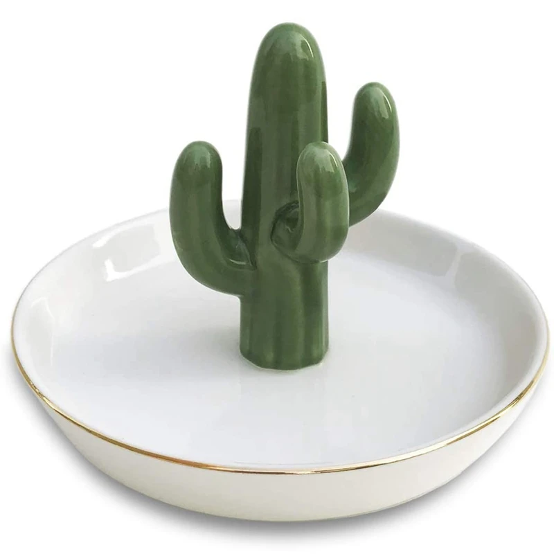 Cactus Ring Holder Tower Earring Trinket Tray Dish Ceramic Jewelry Organizer Tropical Necklace Bracelet Birthday Gift