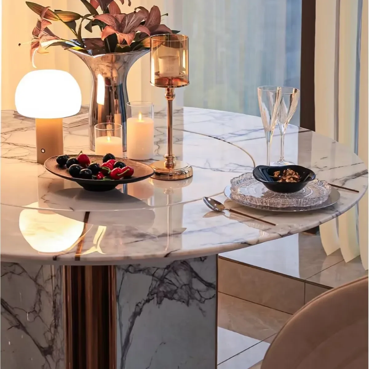 Source factory light luxury stainless steel round dining table and chairs hotel home designer's main model