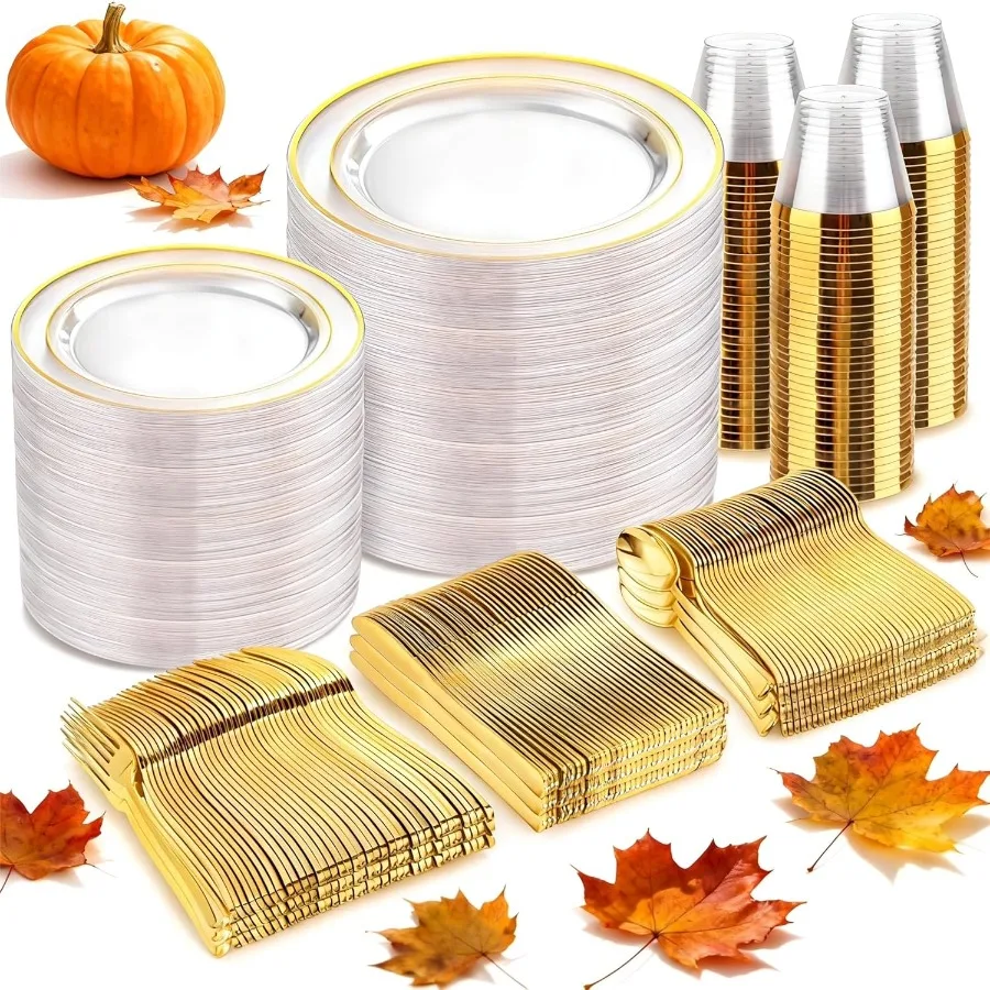 

600 шт. прозрачные тарелки с золотой отделкой, прозрачный золотой набор столовой посуды, одноразовый, включает 100 ужин, 100 десертных тарелок, 100 ножей, 100 фо