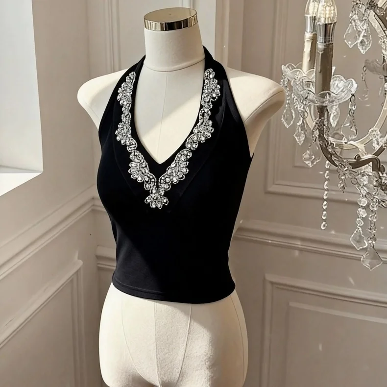 Summer New Style Sexy Splice Heavy Diamond Neck Hanging Vest Women's Slimming Fixed Chest Pad Versatile Cotton Blend Short Le...