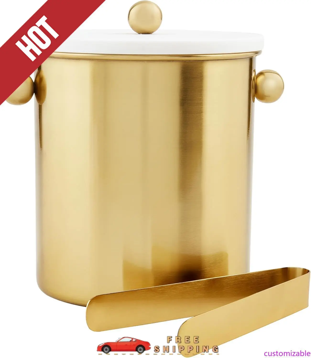 

Customizable Mud Pie Brass Marble Ice Bucket; bucket 7" x 7 1/2" dia | tongs 7"