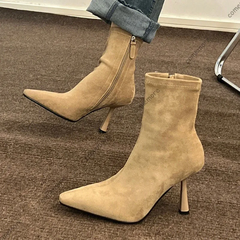 

Comemore, короткие женские ботинки на высоком каблуке, однотонные ботильоны на тонком каблуке, женские замшевые эластичные ботинки с острым носком