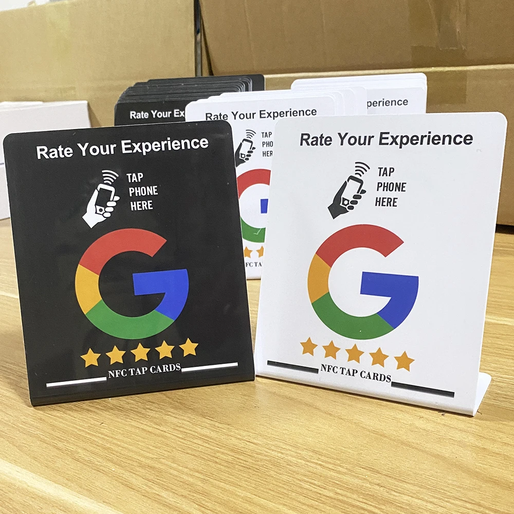 NFC Tap Card Stand Dispaly Follow us on Instagram Facebook Google Review NFC Table 5 Stars Rating Review us on Google Pedestal