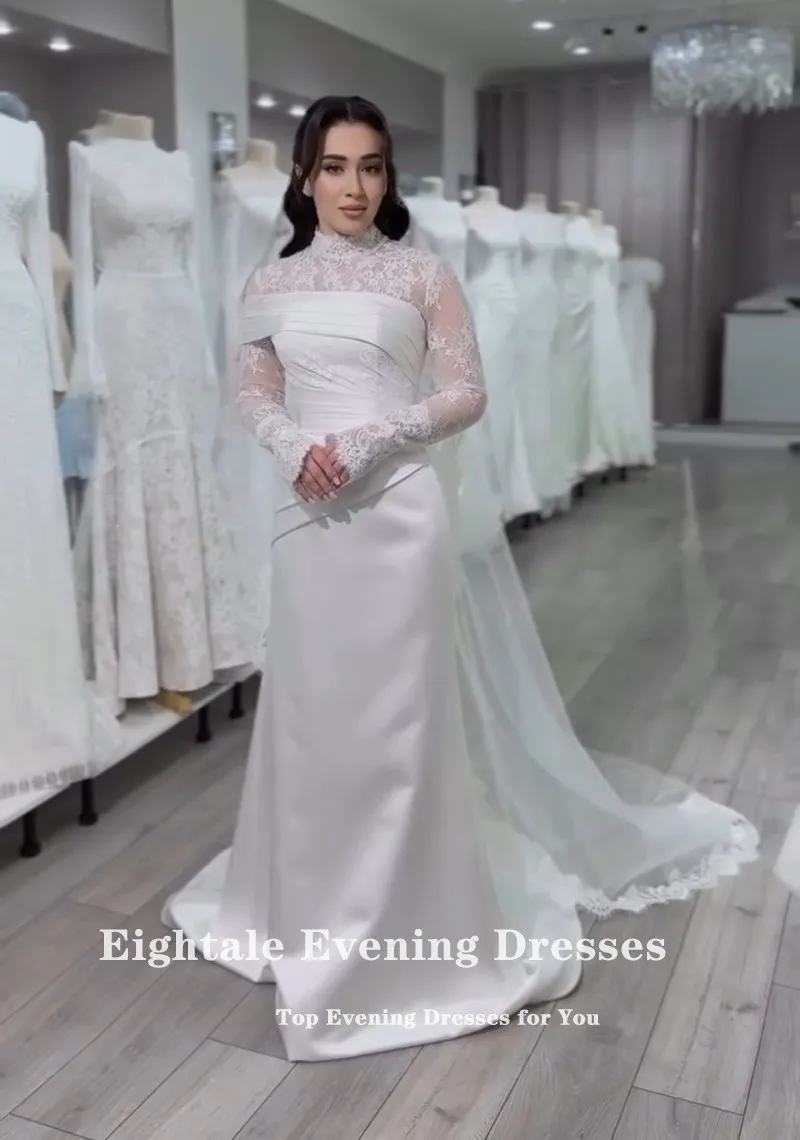 Eightale 아랍어 웨딩 드레스 높은 목 맞춤형 이슬람 인어 새틴 레이스 긴 소매 신부 가운 Vestidos De Novia
