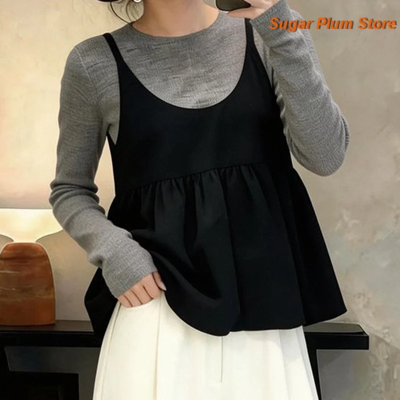 Simple Commuting Style Grey Round Neck Bottoming Long-sleeved Blouse Female Autumn Wear Black Bud Sling Casual Two-piece Suit.