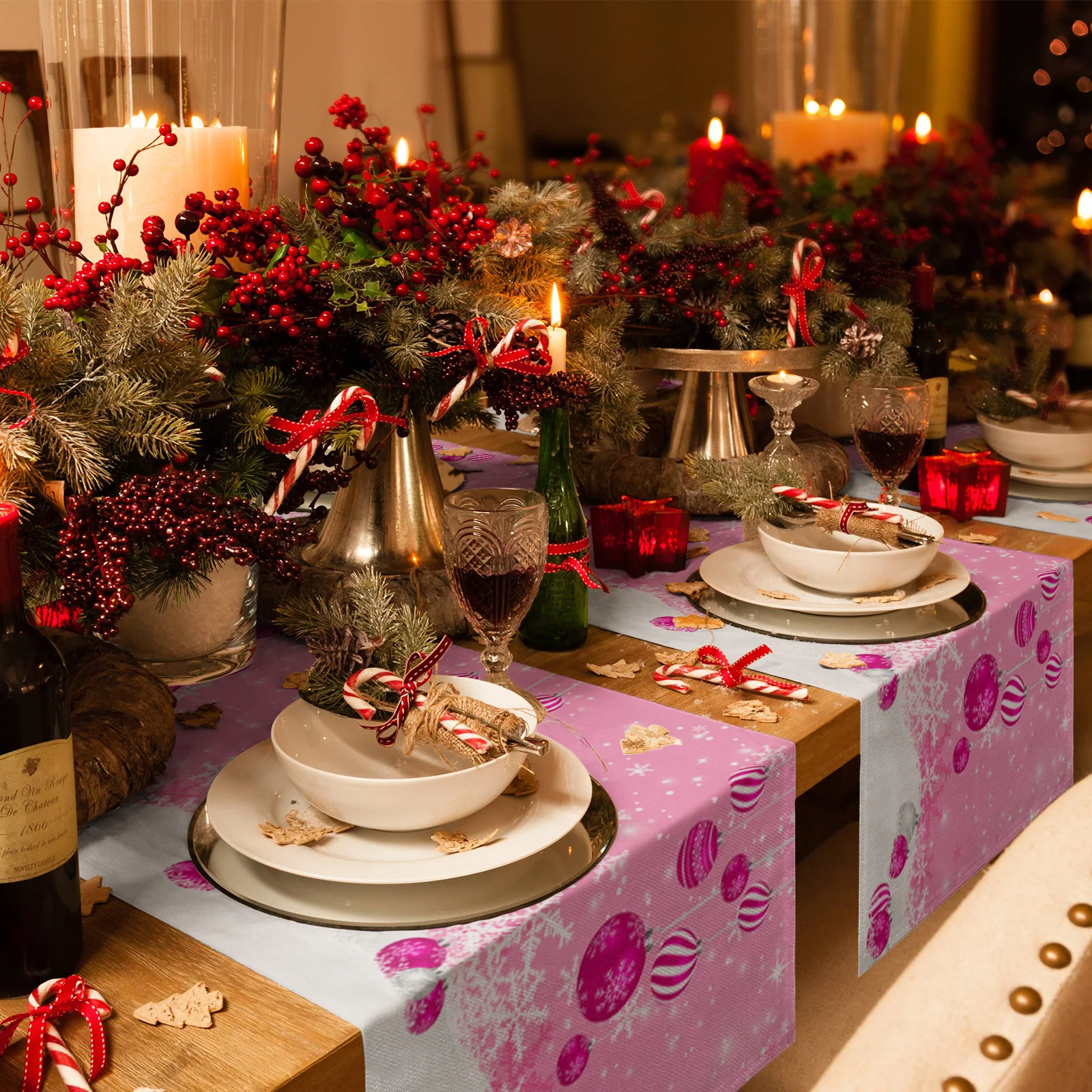 Chemin de table flocon de neige boule de Noël rose, décoration de table, nappe pour la maison, ornement de Noël, cadeau de nouvel an, hiver, 2024