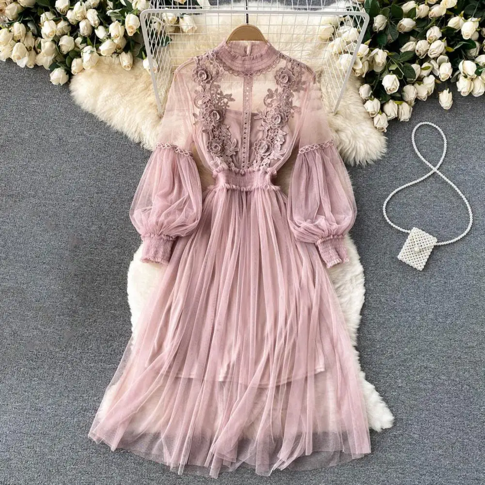 Women Dress Set Elegant Floral Embroidery Dress Suit with Lace Lantern Sleeves Elastic Waist 2 Pcs/set Women's A-line Midi Slip