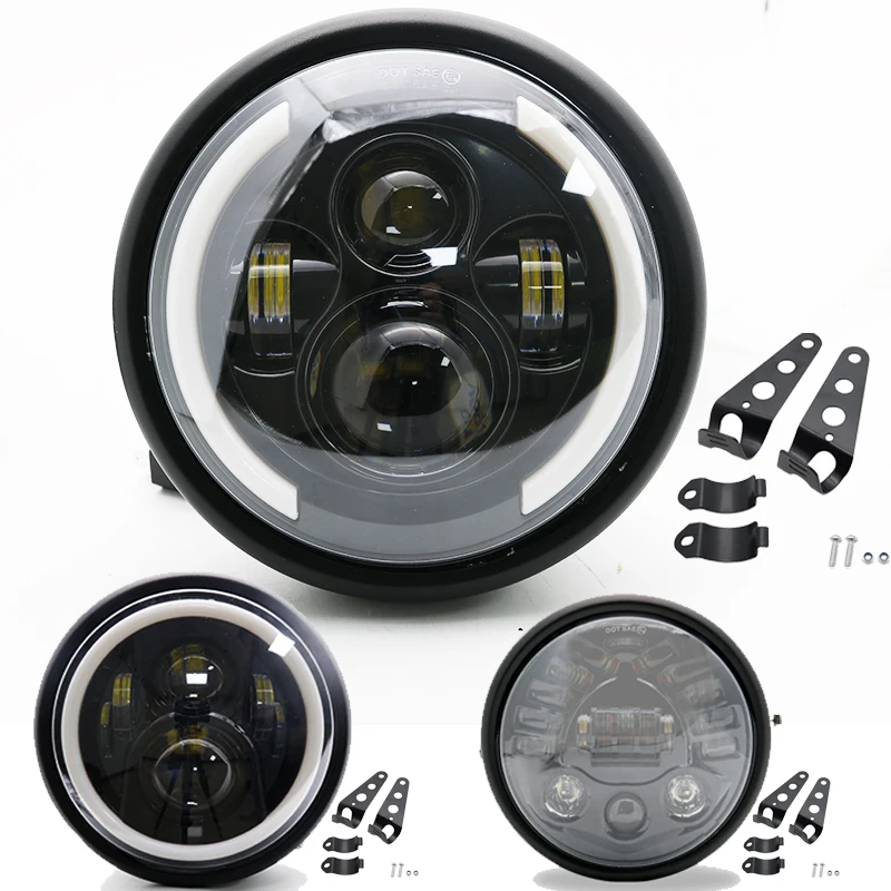 

Universal 7.5 inch LED Retro Bucket Motorcycle Modified Headlight Hi/Lo Beam DRL and Matte Black Headlight Housing With Bracket