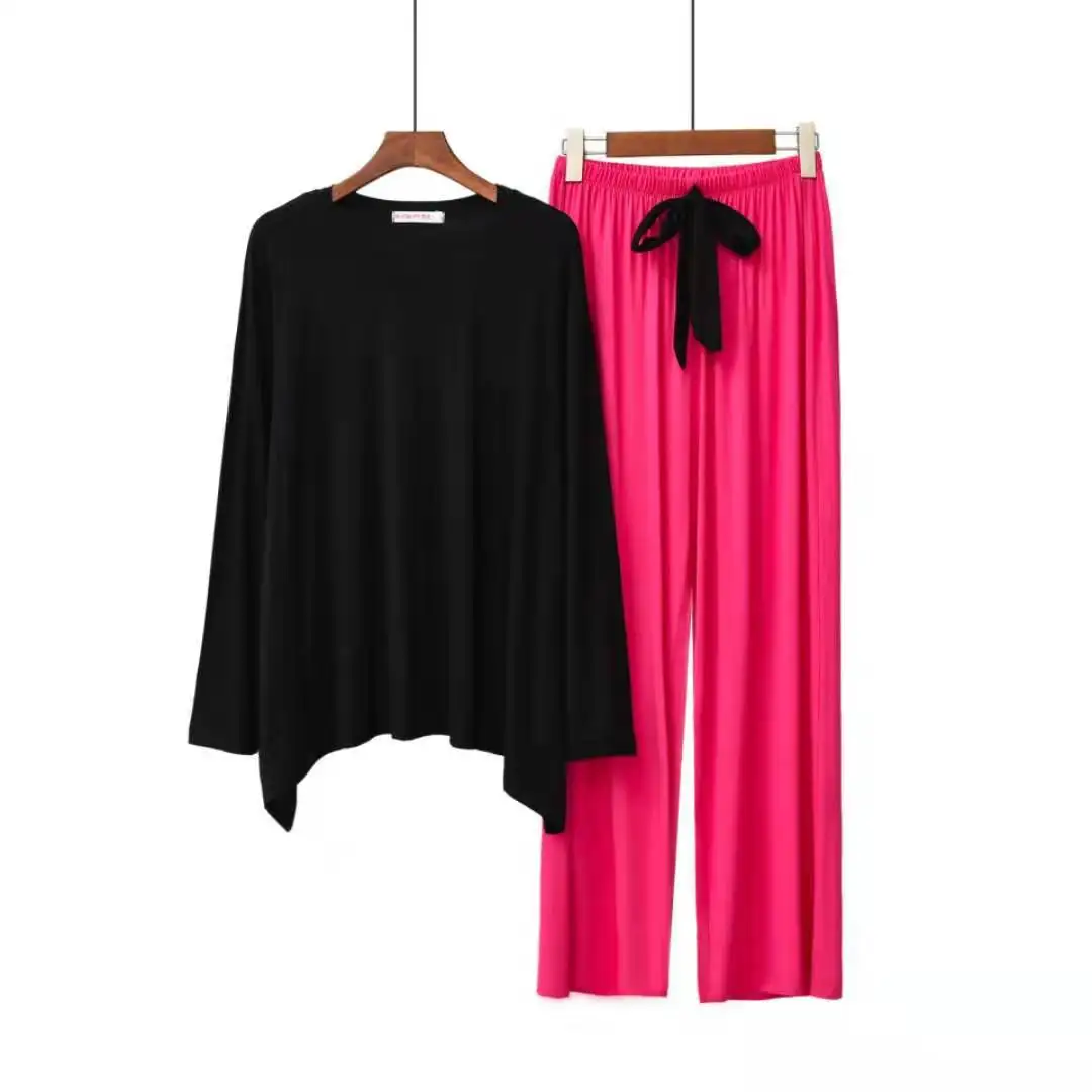 Conjunto de Pijama suave de 2 piezas para Mujer, ropa de dormir lisa de manga larga, holgada, informal, para el hogar