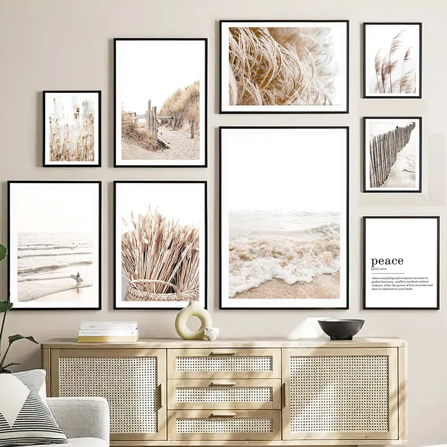 Large-sized 1pc frameless Canvas Painting Neutral Beach Wall Art Boho Coastal Canvas Print Dried Pampas Grass Posters Minimalist