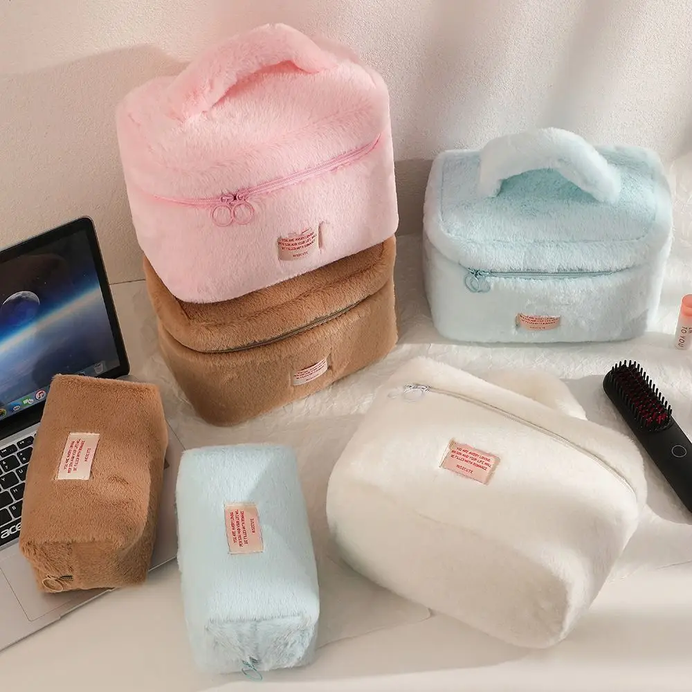 Fashion Solid Color Plush Cosmetic Bag Handbag Zipper Toiletries Bag Lager Capacity Korean Style Makeup Bags Student